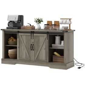 HOMCOM Mid Morden Sideboard, 16" Tall Cabinet with Sliding Barn Door & Charging Station, 65" TV Stand for Living Room, Gray