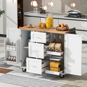 Rolling Kitchen Island with Storage, Kitchen Cart with Rubber Wood Top, 3 Drawer, 2 Slide-Out Shelf and Internal Storage Rack (Color: White, Material: MDF)