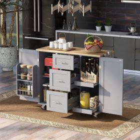 Rolling Kitchen Island with Storage, Kitchen Cart with Rubber Wood Top, 3 Drawer, 2 Slide-Out Shelf and Internal Storage Rack (Color: Grey-Blue, Material: MDF)