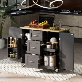 Rolling Kitchen Island with Storage, Kitchen Cart with Rubber Wood Top, 3 Drawer, 2 Slide-Out Shelf and Internal Storage Rack (Color: Black, Material: MDF)